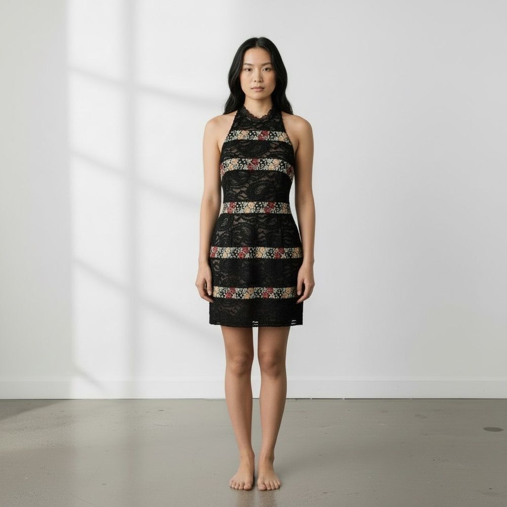 Free People Sheath Dress Black Lace Cocktail Party Floral Halter Embroidery US 6